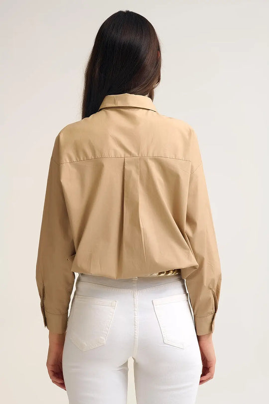 Beige relaxed poplin Cotton Shirt with Decorative Gold Buttons - Shirts