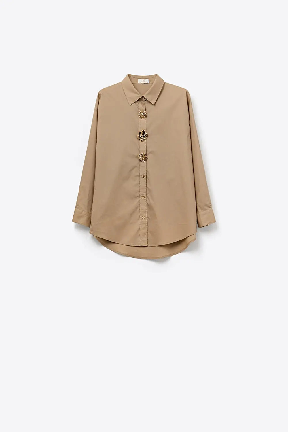Beige relaxed poplin Cotton Shirt with Decorative Gold Buttons - Shirts