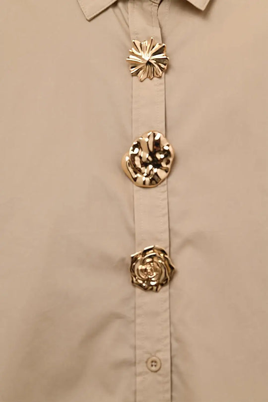 Beige relaxed poplin Cotton Shirt with Decorative Gold Buttons - Shirts