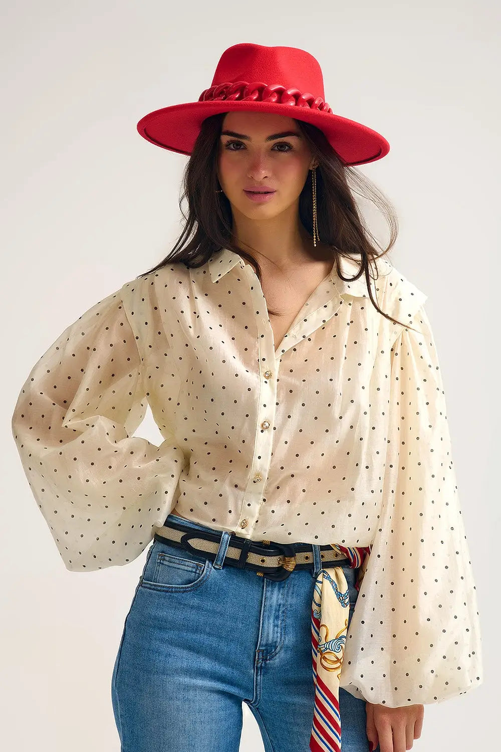 Ivory Polka Dot Silk Blouse with Balloon Sleeves and Gold Buttons - Shirts
