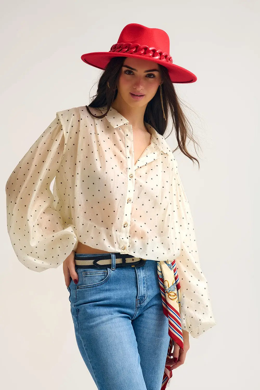 Ivory Polka Dot Silk Blouse with Balloon Sleeves and Gold Buttons - Shirts