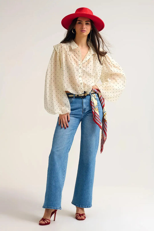 Ivory Polka Dot Silk Blouse with Balloon Sleeves and Gold Buttons - Shirts