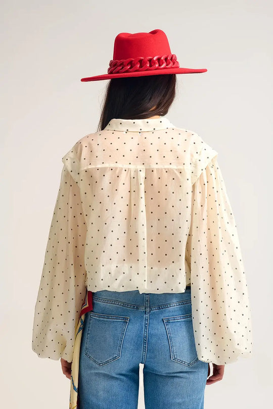 Ivory Polka Dot Silk Blouse with Balloon Sleeves and Gold Buttons - Shirts
