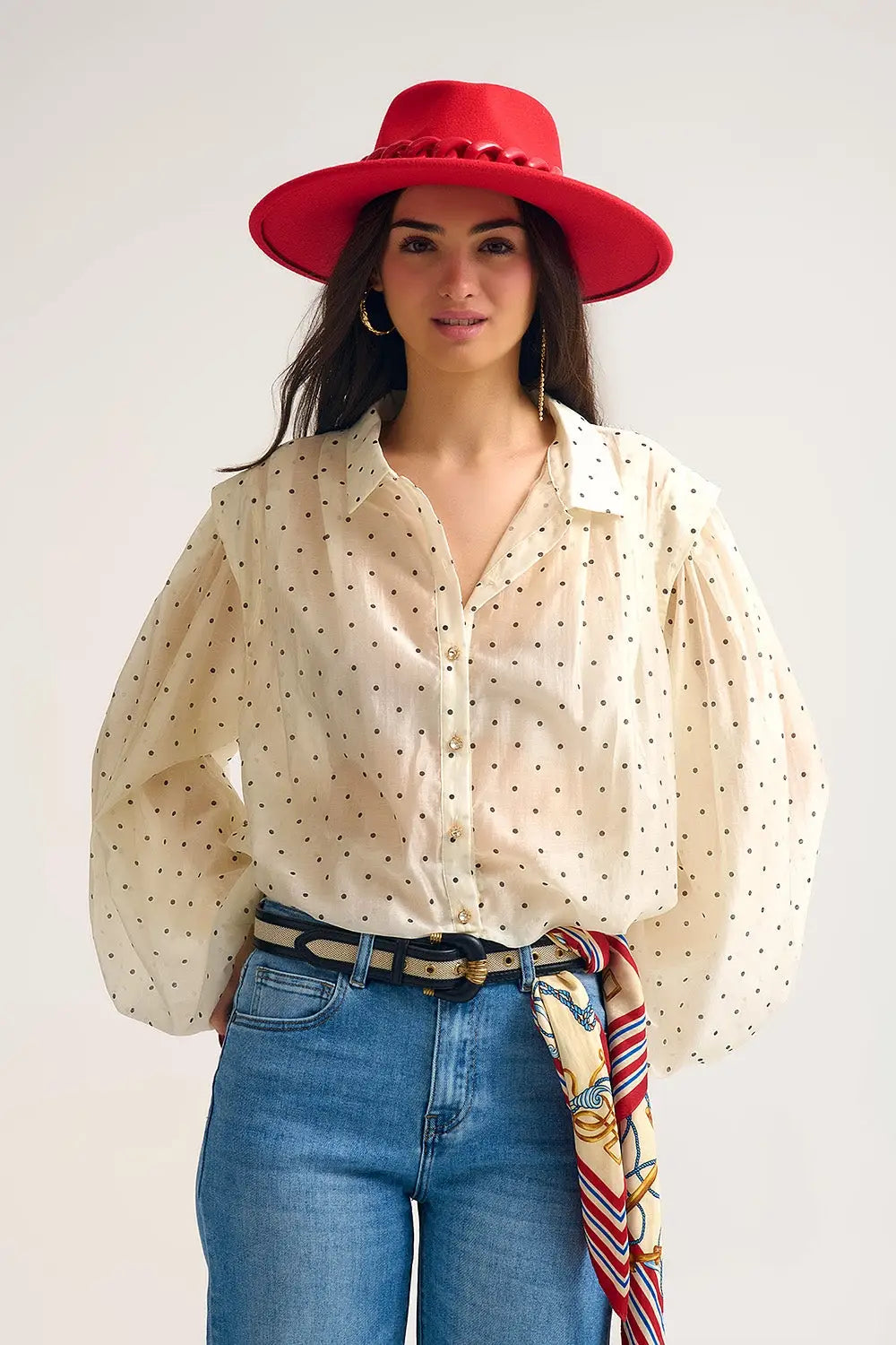 Ivory Polka Dot Silk Blouse with Balloon Sleeves and Gold Buttons - Shirts