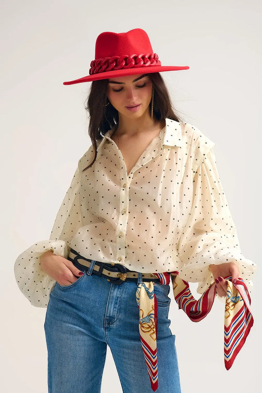 Ivory Polka Dot Silk Blouse with Balloon Sleeves and Gold Buttons - Shirts