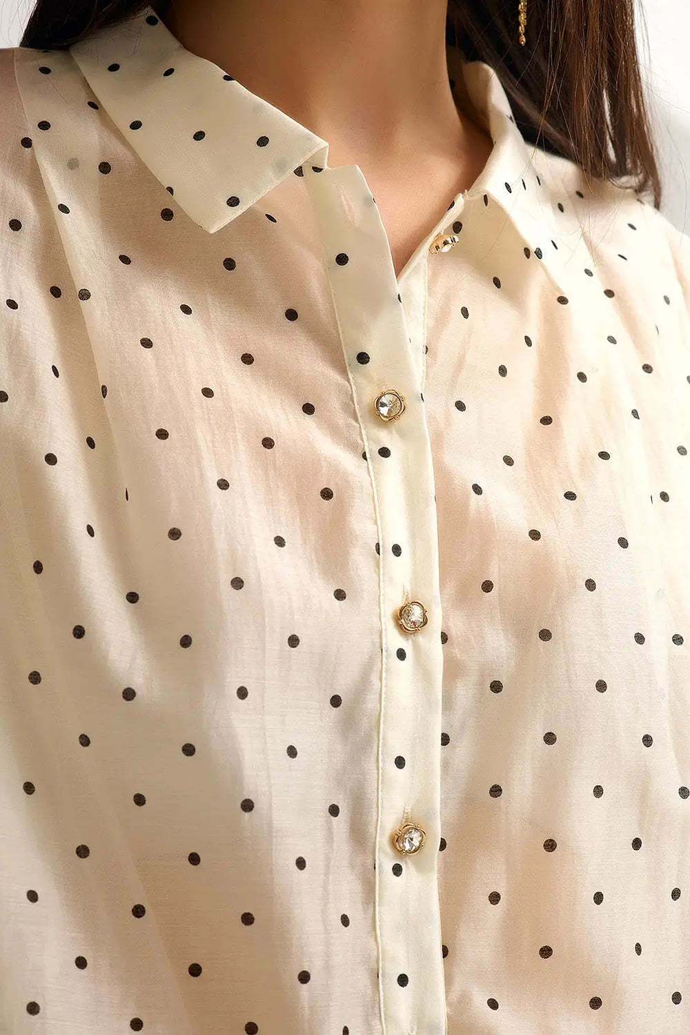 Ivory Polka Dot Silk Blouse with Balloon Sleeves and Gold Buttons - Shirts