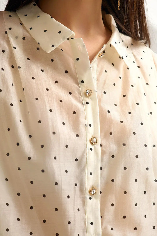 Ivory Polka Dot Silk Blouse with Balloon Sleeves and Gold Buttons - Shirts