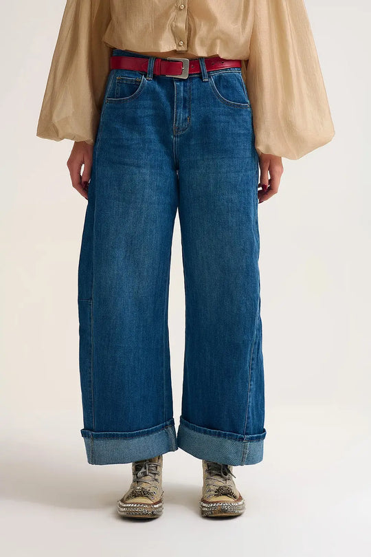 Barrel Style Denim Jeans in Medium Wash with Cuffed Hem