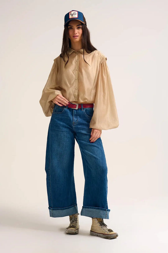 Barrel Style Denim Jeans in Medium Wash with Cuffed Hem