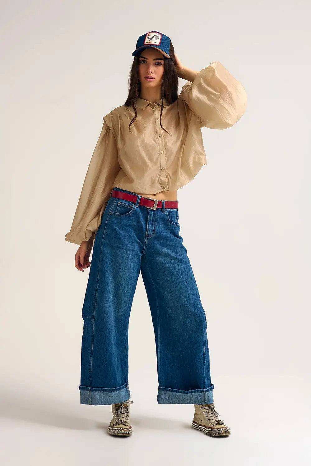 Barrel Style Denim Jeans in Medium Wash with Cuffed Hem