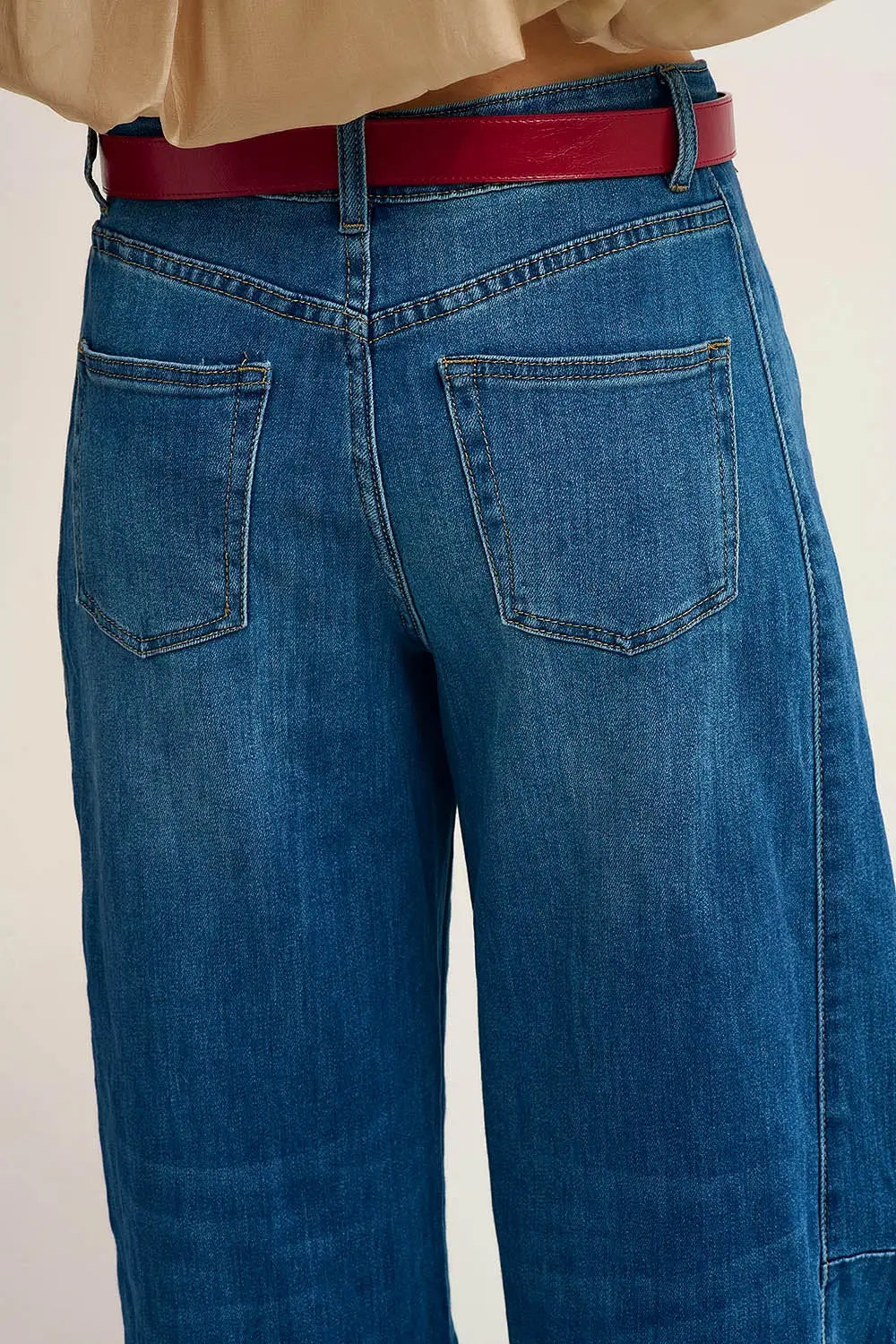 Barrel Style Denim Jeans in Medium Wash with Cuffed Hem