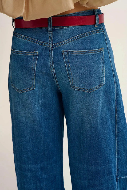 Barrel Style Denim Jeans in Medium Wash with Cuffed Hem