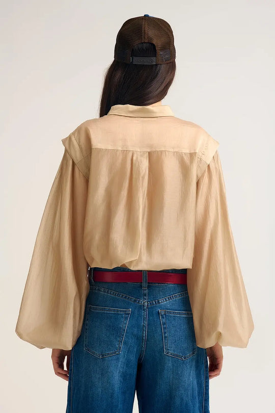 Tencel Silk Blouse with Balloon Sleeves and nacar Buttons - Shirts