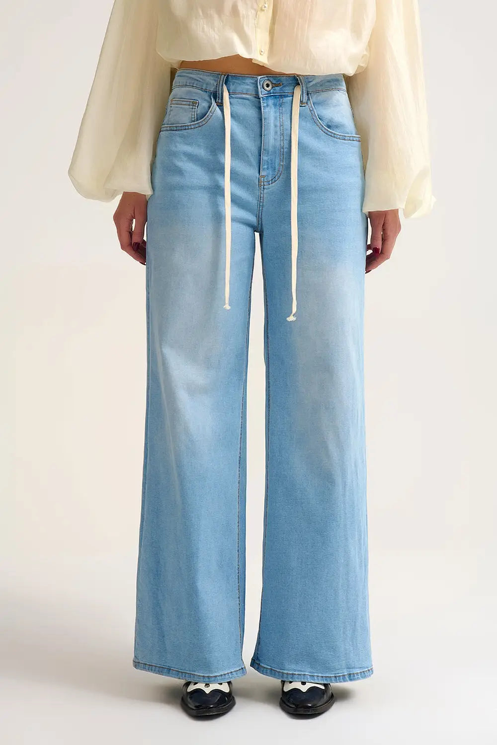 Light Wash Wide-Leg Jeans with Adjustable Drawstring Waist