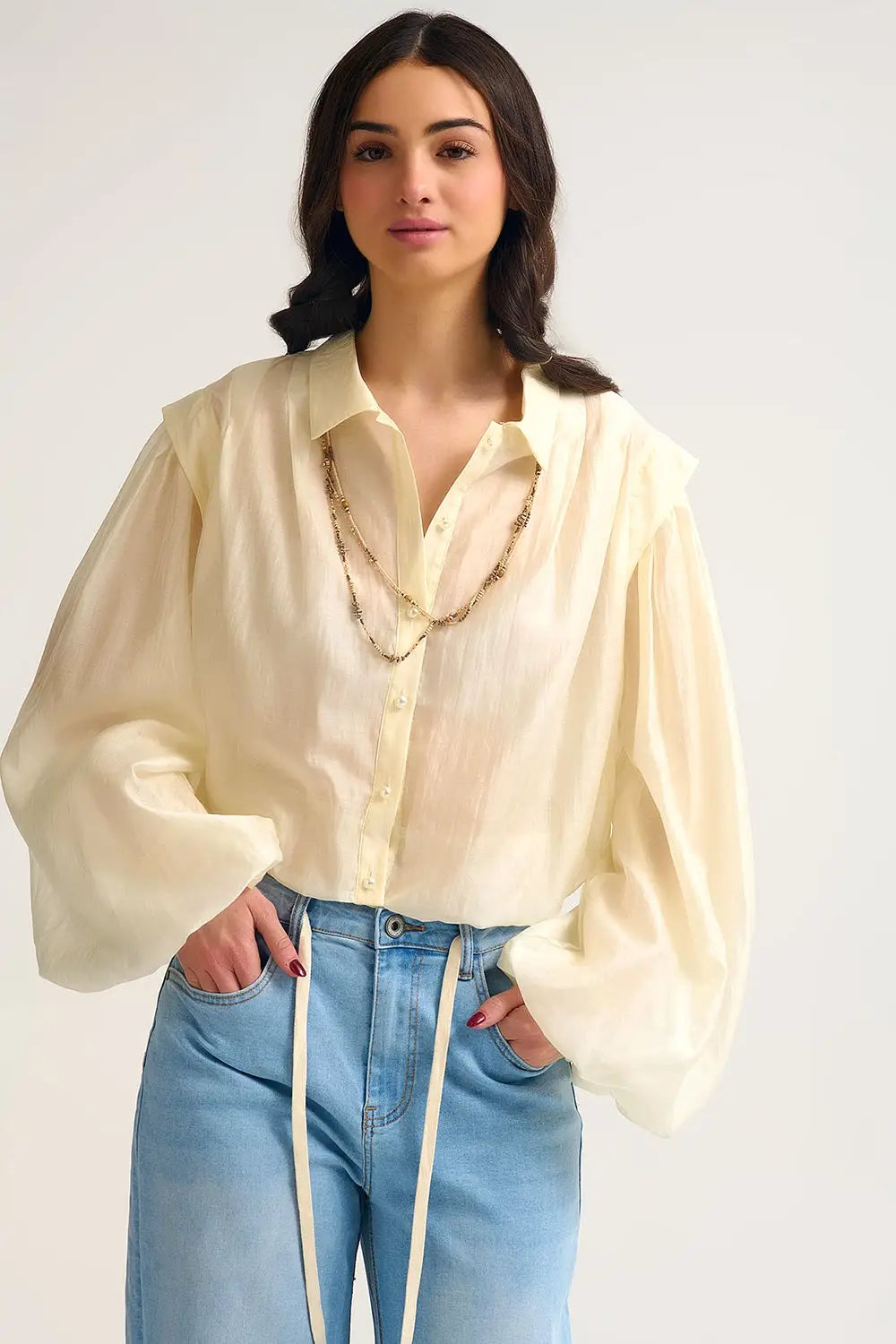 Tencel Silk Blouse in cream with Balloon Sleeves and nacar Buttons - Shirts