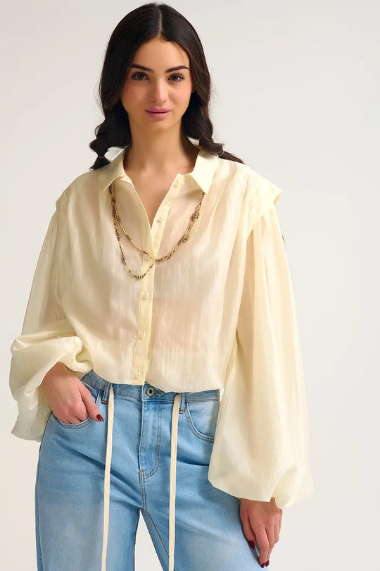 Tencel Silk Blouse in cream with Balloon Sleeves and nacar Buttons - Shirts