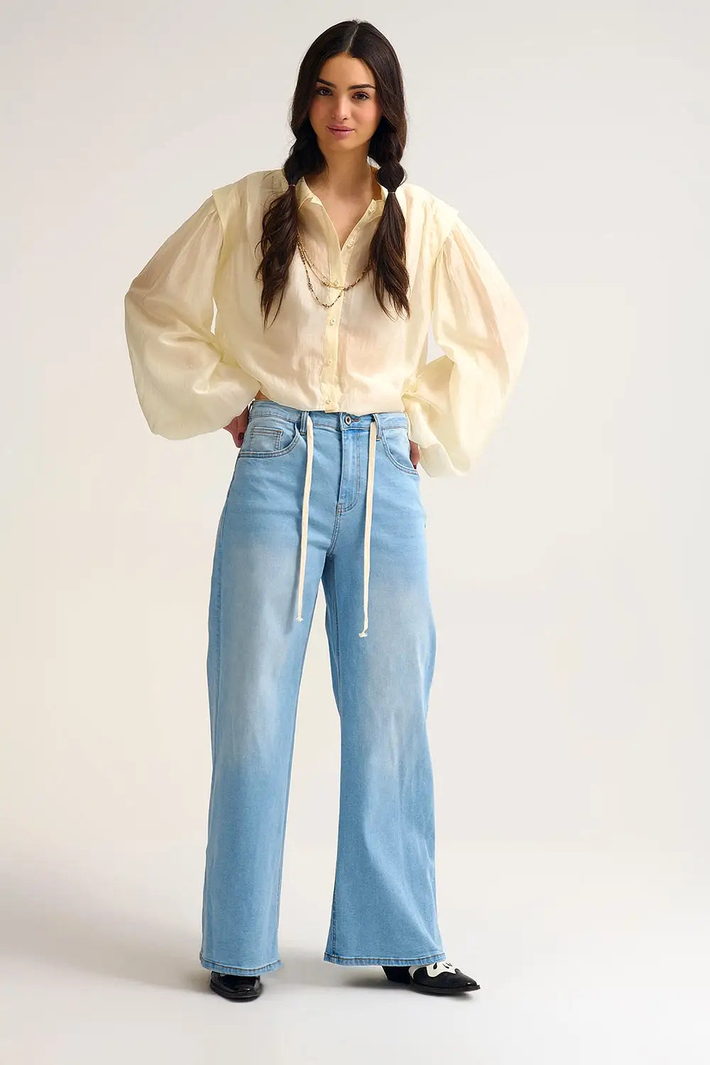 Tencel Silk Blouse in cream with Balloon Sleeves and nacar Buttons - Shirts