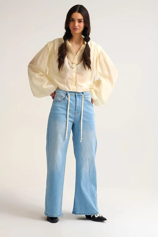Tencel Silk Blouse in cream with Balloon Sleeves and nacar Buttons - Shirts