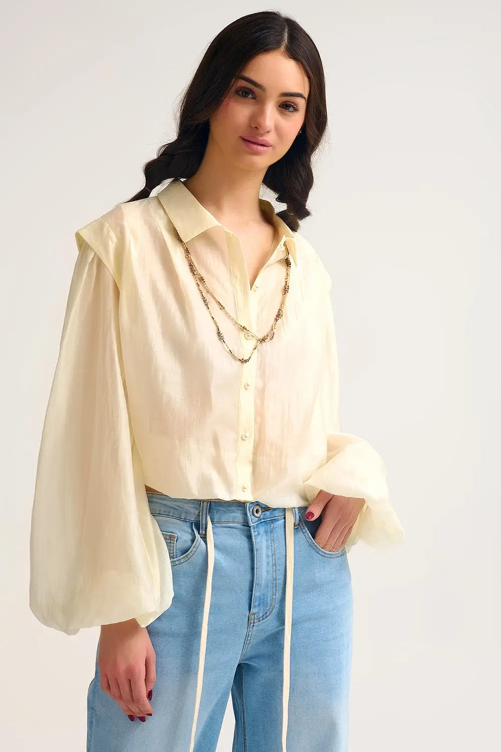 Tencel Silk Blouse in cream with Balloon Sleeves and nacar Buttons - Shirts
