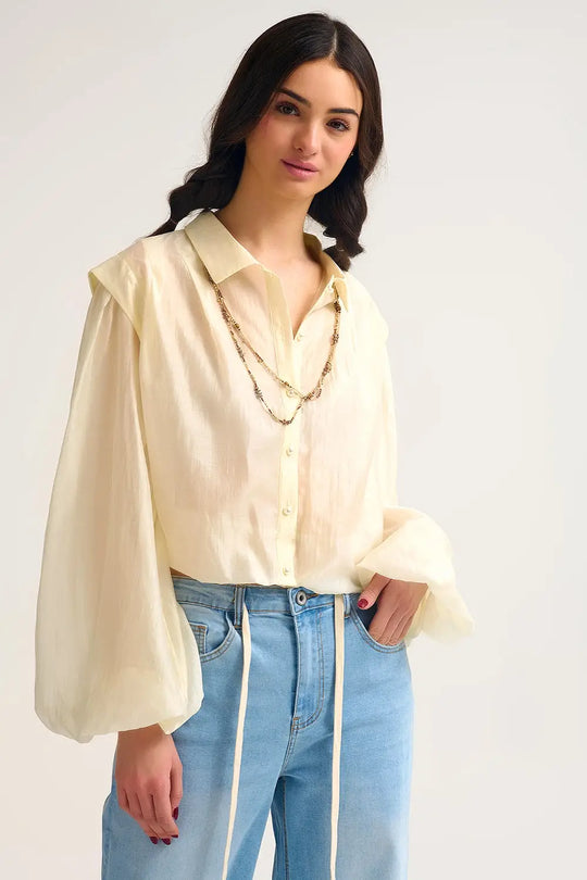 Tencel Silk Blouse in cream with Balloon Sleeves and nacar Buttons - Shirts