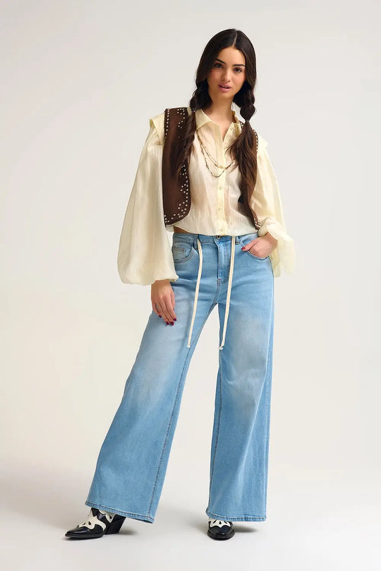 Tencel Silk Blouse in cream with Balloon Sleeves and nacar Buttons - Shirts