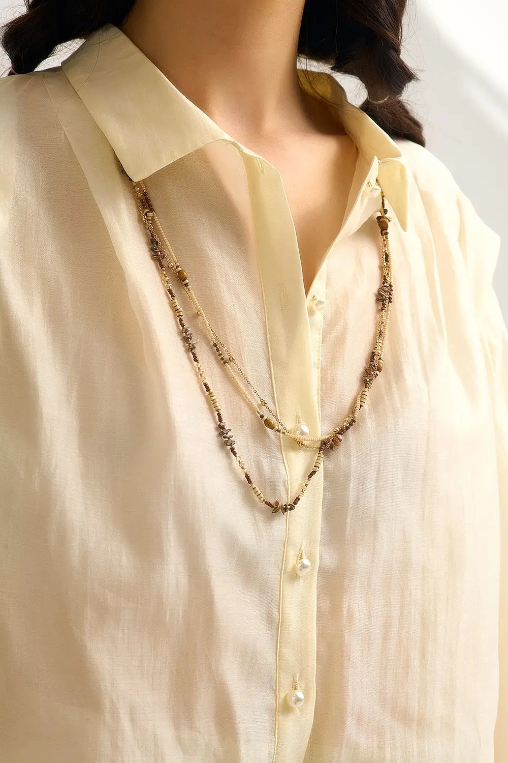 Tencel Silk Blouse in cream with Balloon Sleeves and nacar Buttons - Shirts