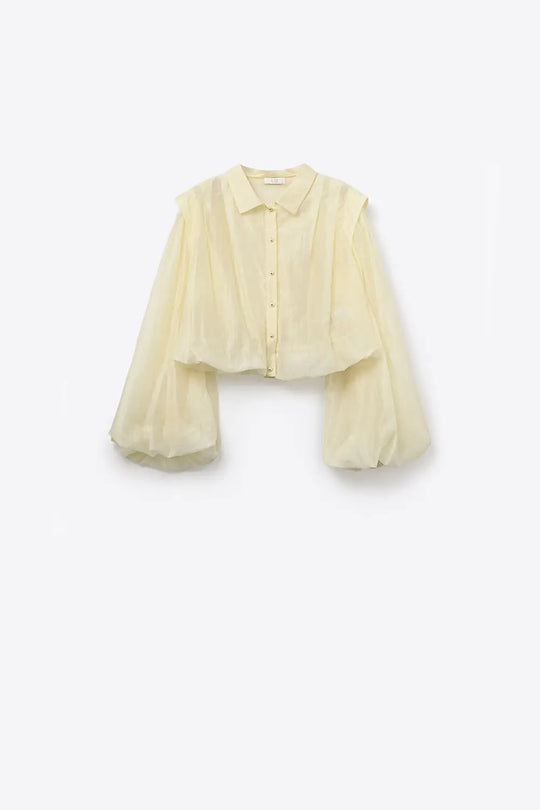 Tencel Silk Blouse in cream with Balloon Sleeves and nacar Buttons - Shirts