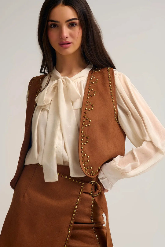 Camel Vest with Metallic Stud Details - Tops