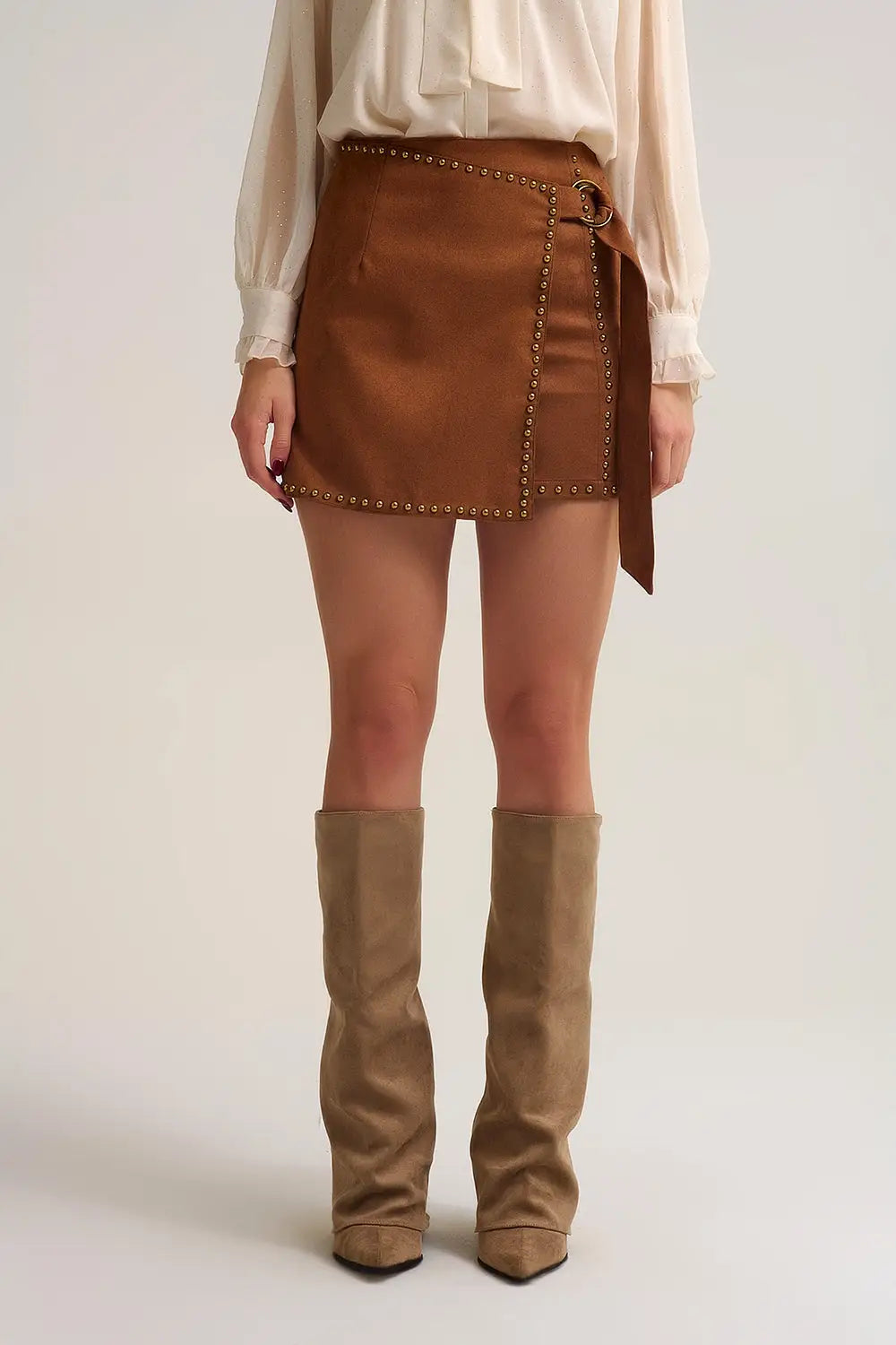 Camel Studded Wrap Mini Skirt with Belt Detail - Skirts