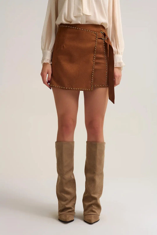 Camel Studded Wrap Mini Skirt with Belt Detail - Skirts