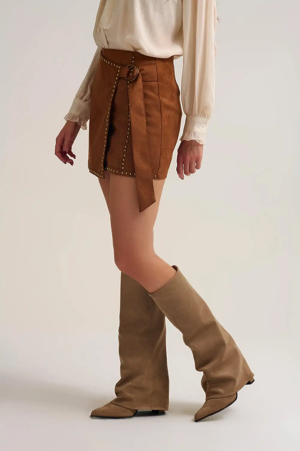 Camel Studded Wrap Mini Skirt with Belt Detail - Skirts