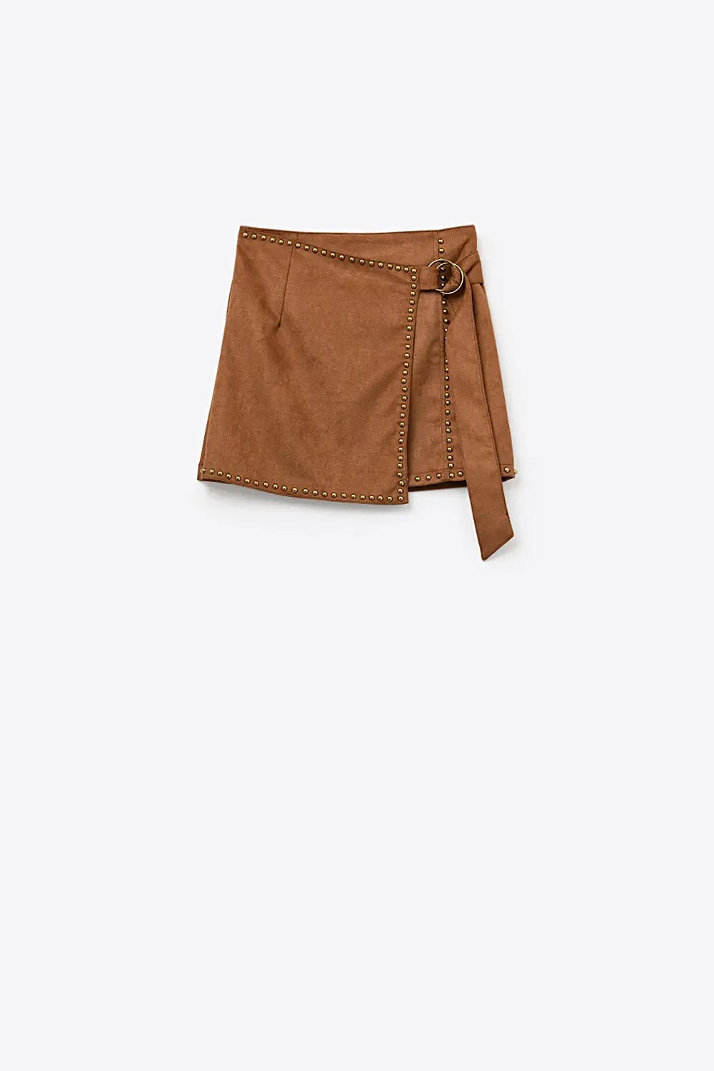 Camel Studded Wrap Mini Skirt with Belt Detail - Skirts