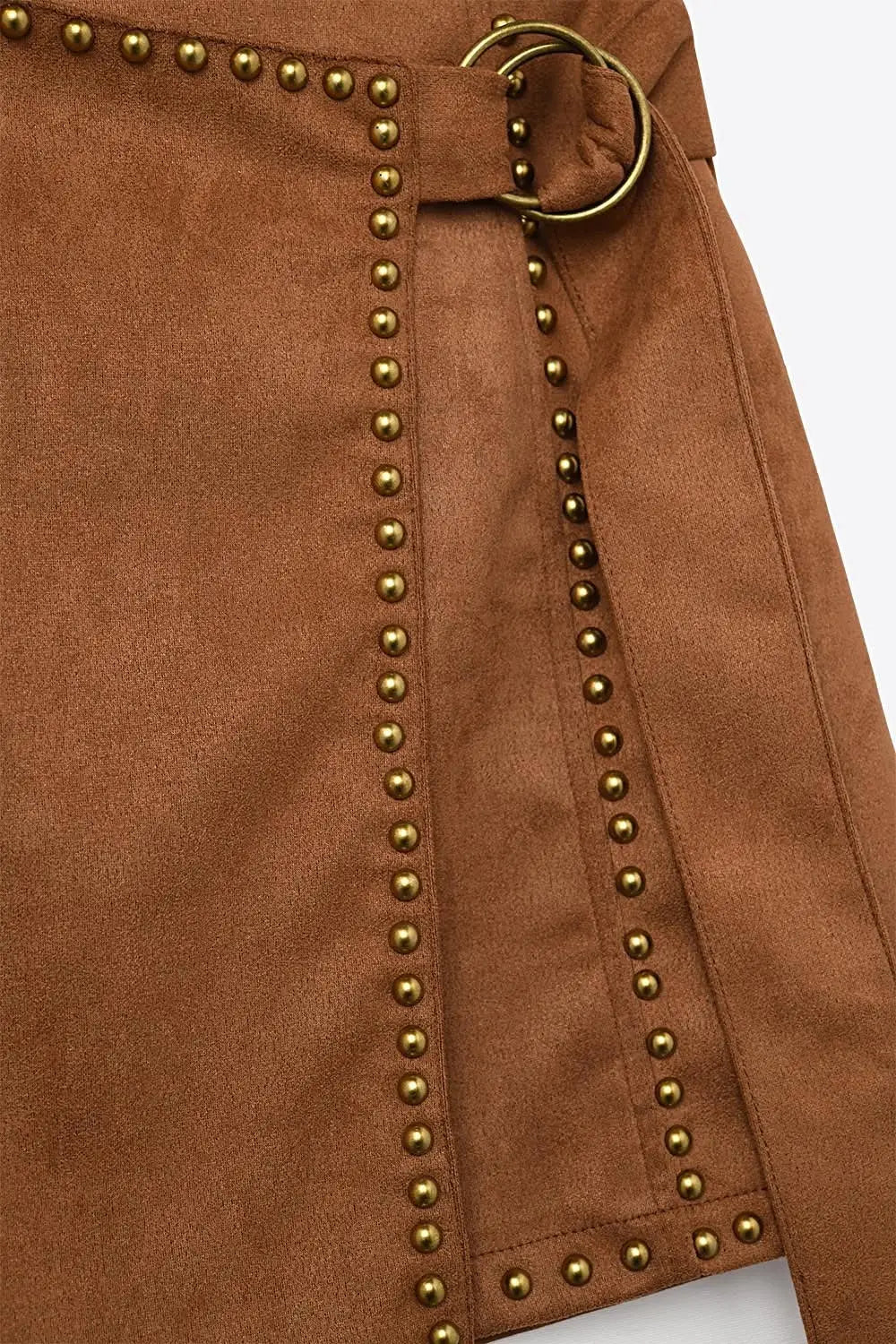 Camel Studded Wrap Mini Skirt with Belt Detail - Skirts