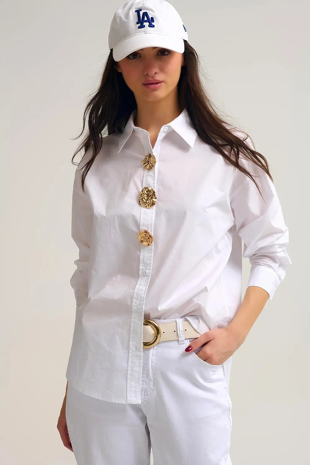 White relaxed poplin Cotton Shirt with Decorative Gold Buttons - Shirts