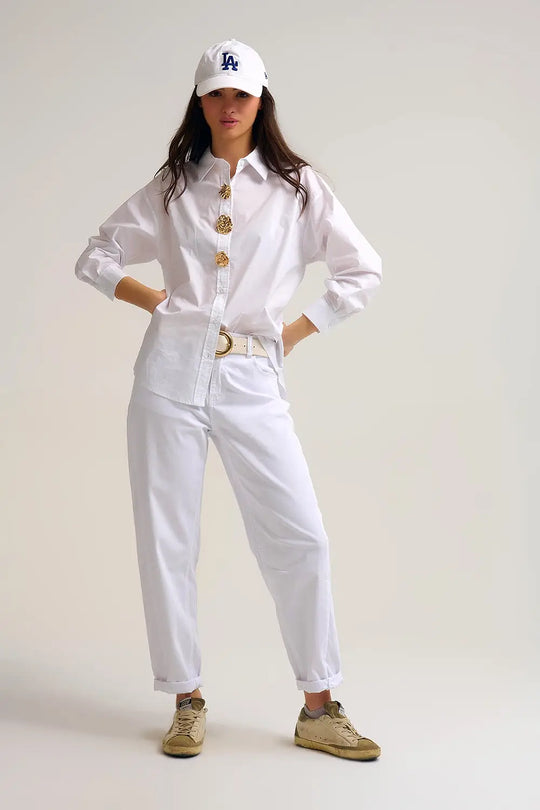 White relaxed poplin Cotton Shirt with Decorative Gold Buttons - Shirts