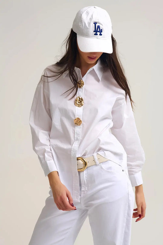 White relaxed poplin Cotton Shirt with Decorative Gold Buttons - Shirts