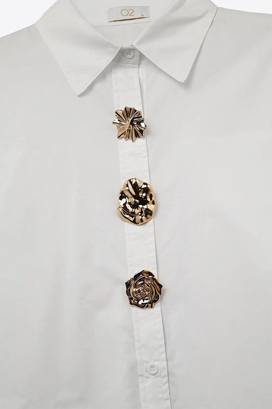 White relaxed poplin Cotton Shirt with Decorative Gold Buttons - Shirts