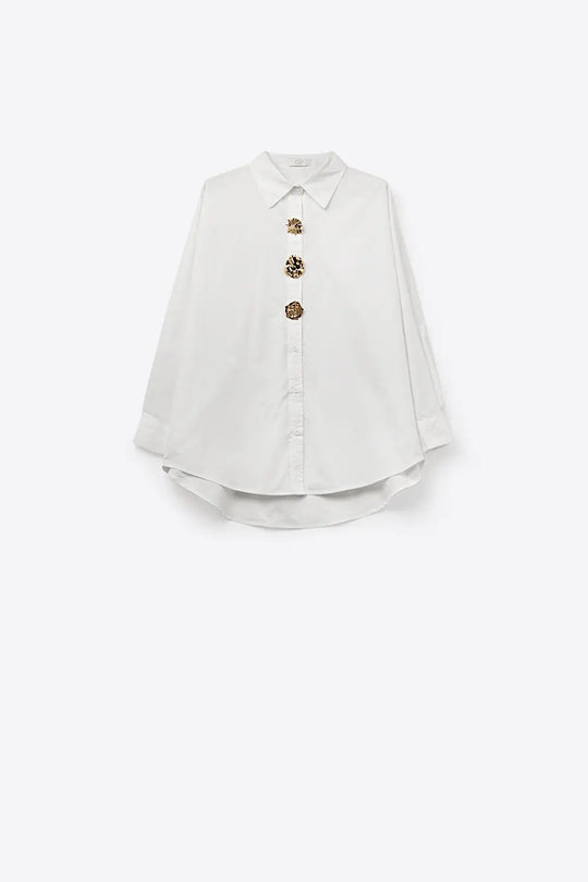 White relaxed poplin Cotton Shirt with Decorative Gold Buttons - Shirts