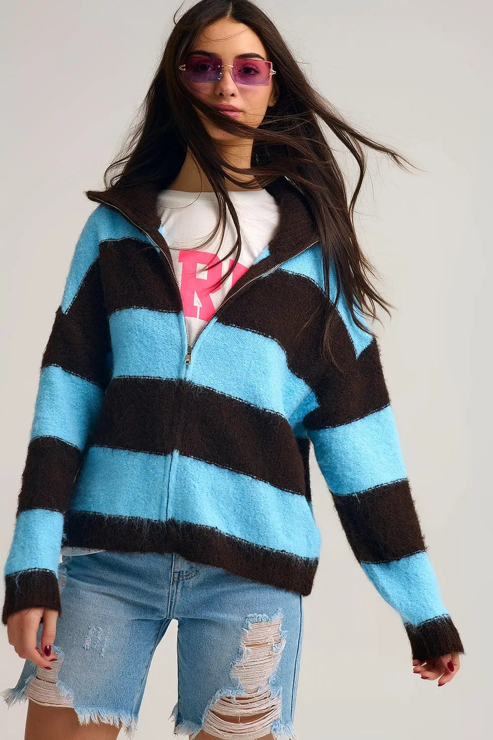 Blue Fluffy Knitted Zip-Up Jacket with Brown Stripes - BLUE / ONE - Cardigans