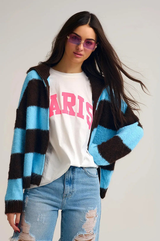 Blue Fluffy Knitted Zip-Up Jacket with Brown Stripes - BLUE / ONE - Cardigans