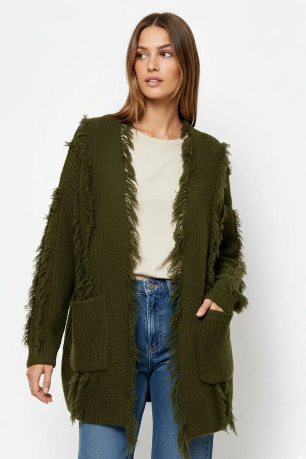 Forest Green Boho Distressed Cardigan With Front Pockets - KHAKI / ONE - Cardigans