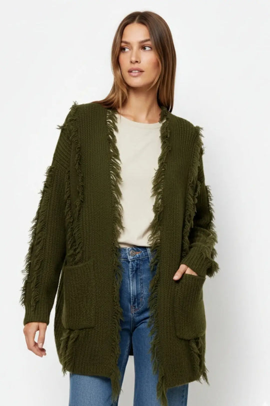 Forest Green Boho Distressed Cardigan With Front Pockets - KHAKI / ONE - Cardigans