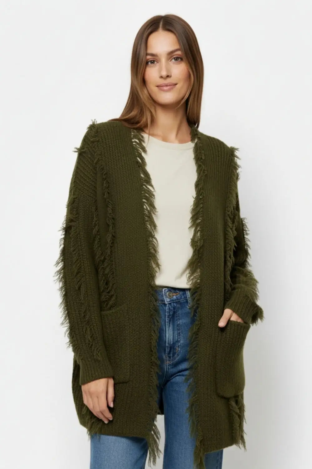 Forest Green Boho Distressed Cardigan With Front Pockets - KHAKI / ONE - Cardigans