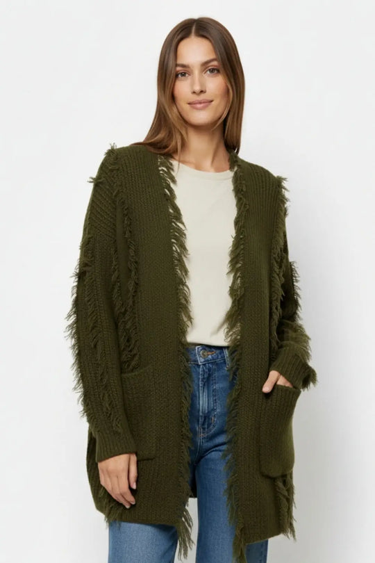 Forest Green Boho Distressed Cardigan With Front Pockets - KHAKI / ONE - Cardigans