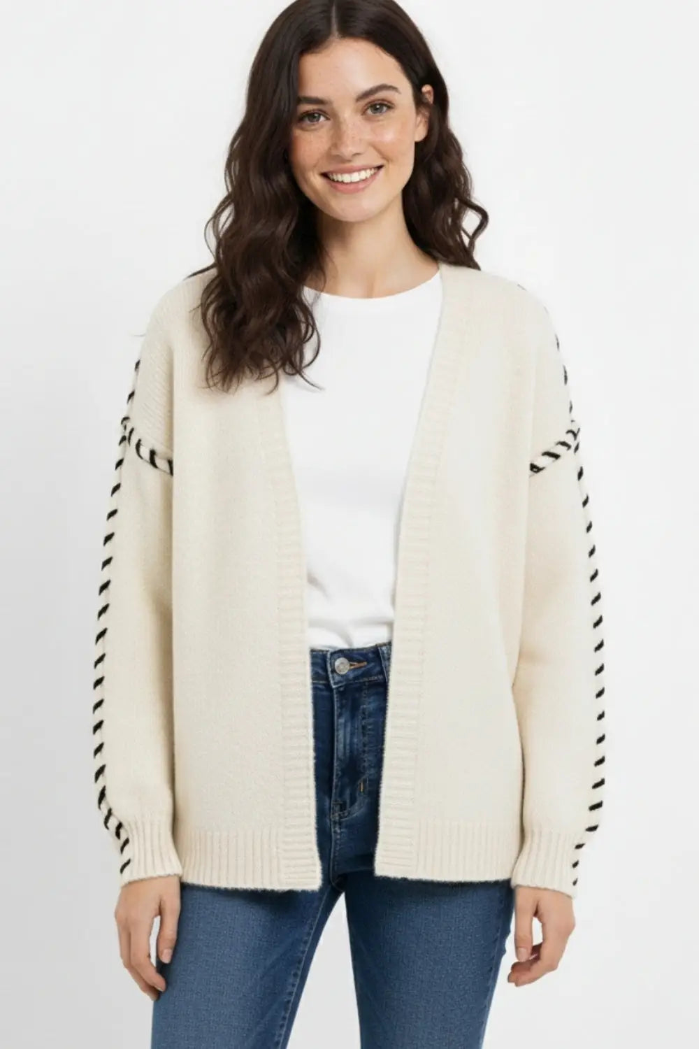 Cream Open Cardigan with Black Trim in chunky knitted - CREAM / ONE - Cardigans