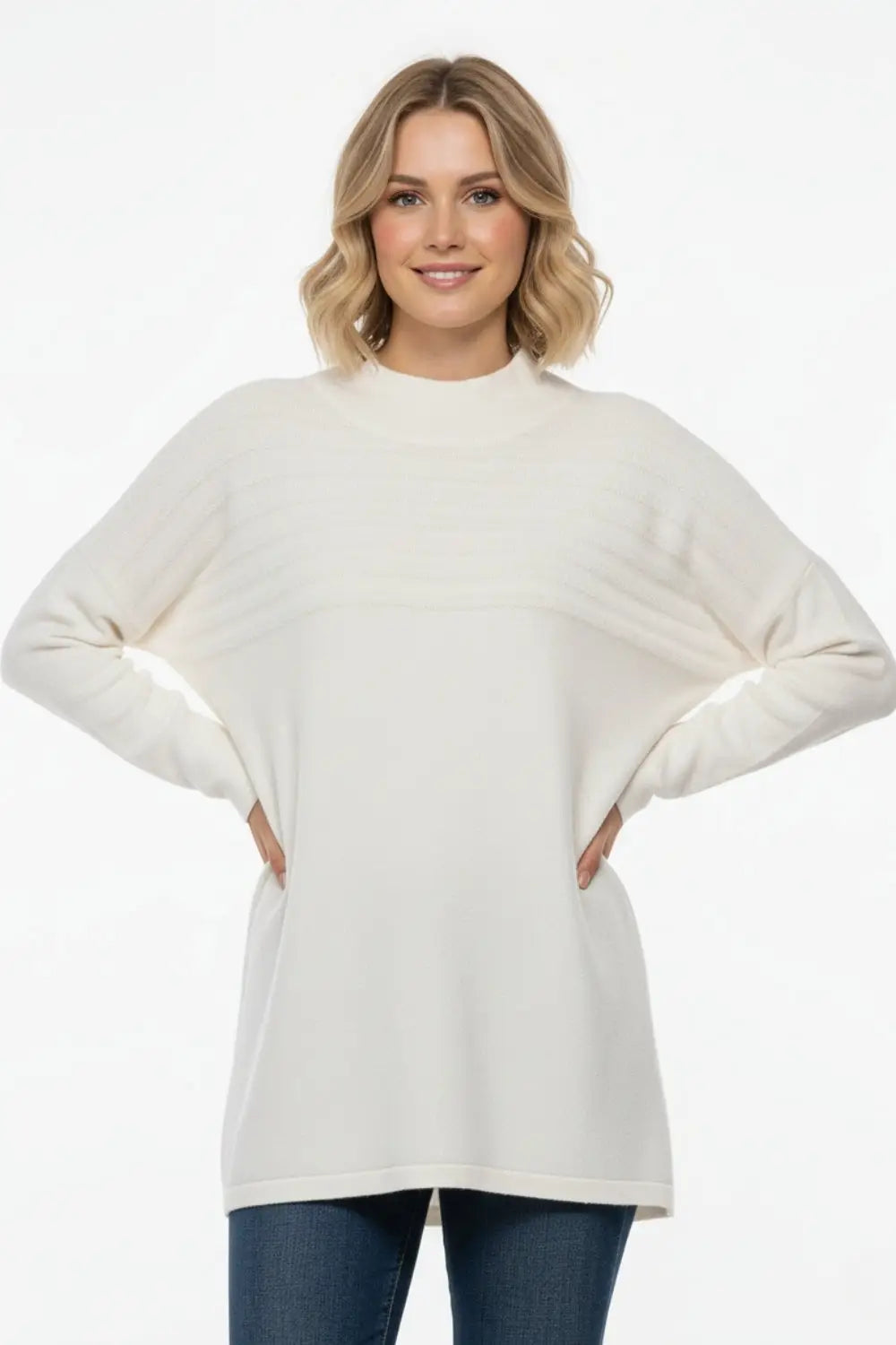 White Knit Sweater with Fluffy Stripe Detail - WHITE / ONE - Sweaters