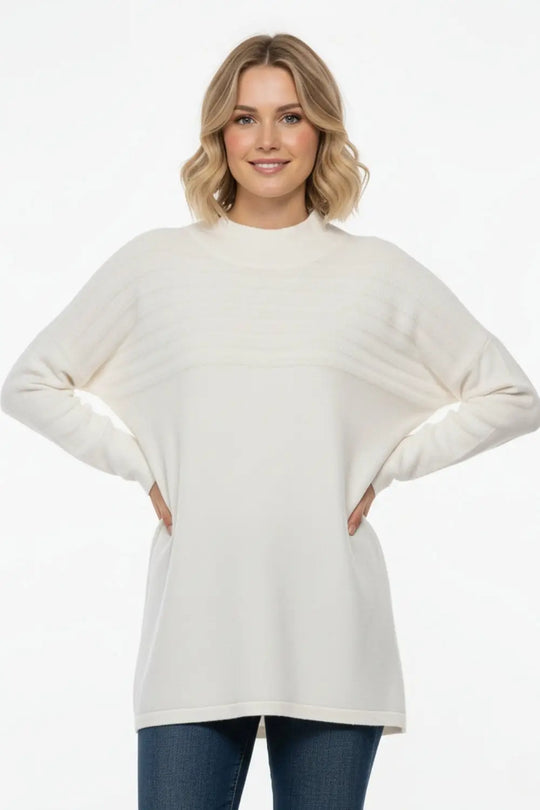 White Knit Sweater with Fluffy Stripe Detail - WHITE / ONE - Sweaters