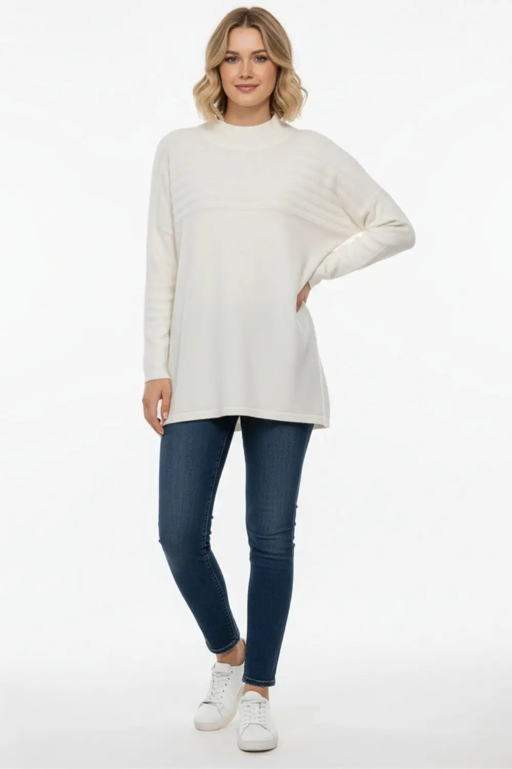 White Knit Sweater with Fluffy Stripe Detail - WHITE / ONE - Sweaters