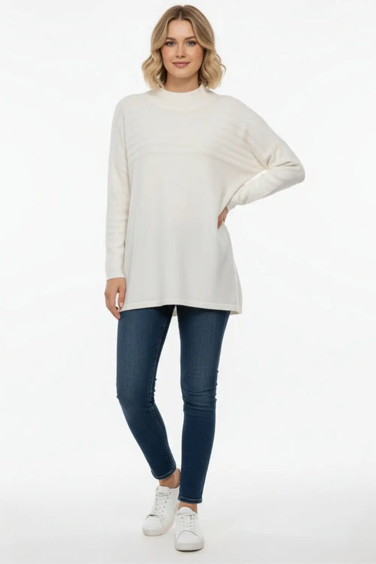 White Knit Sweater with Fluffy Stripe Detail - WHITE / ONE - Sweaters