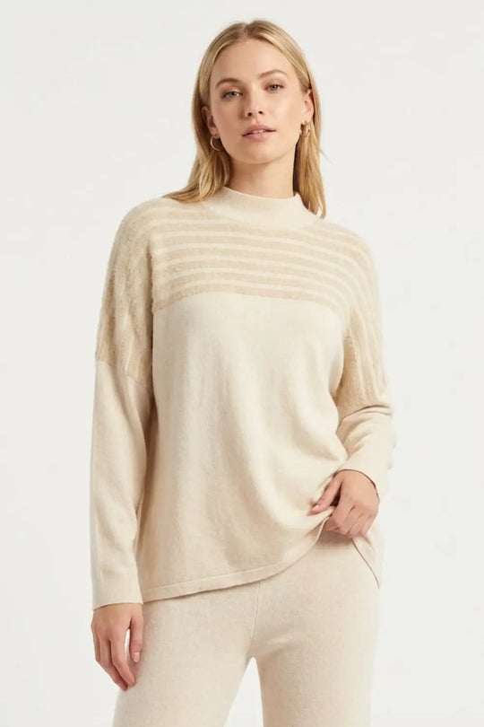 Beige Knit Sweater with Fluffy Stripe Detail - CREAM / ONE - Sweaters
